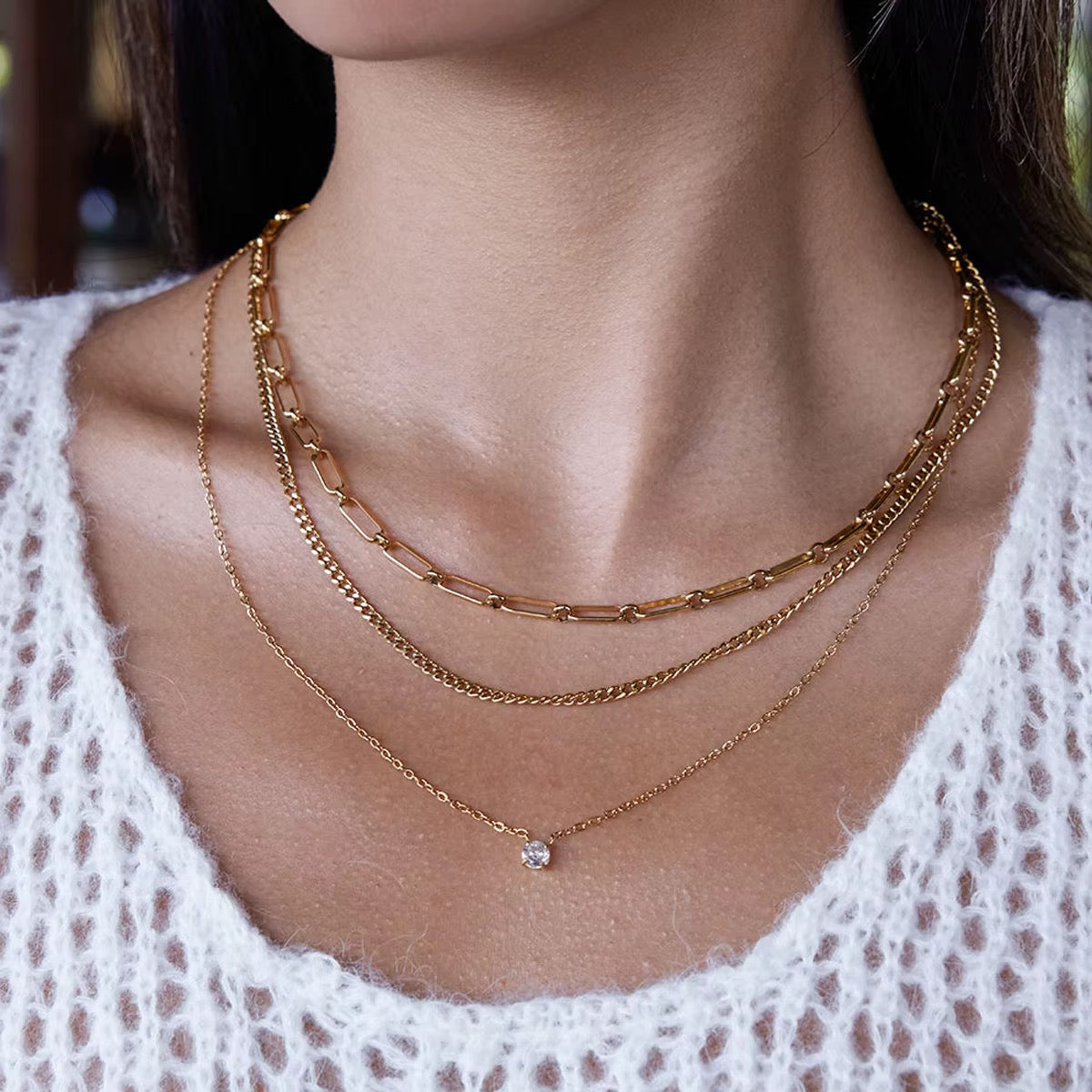 Valentina Gold Triple-Layer Solitaire Necklace
