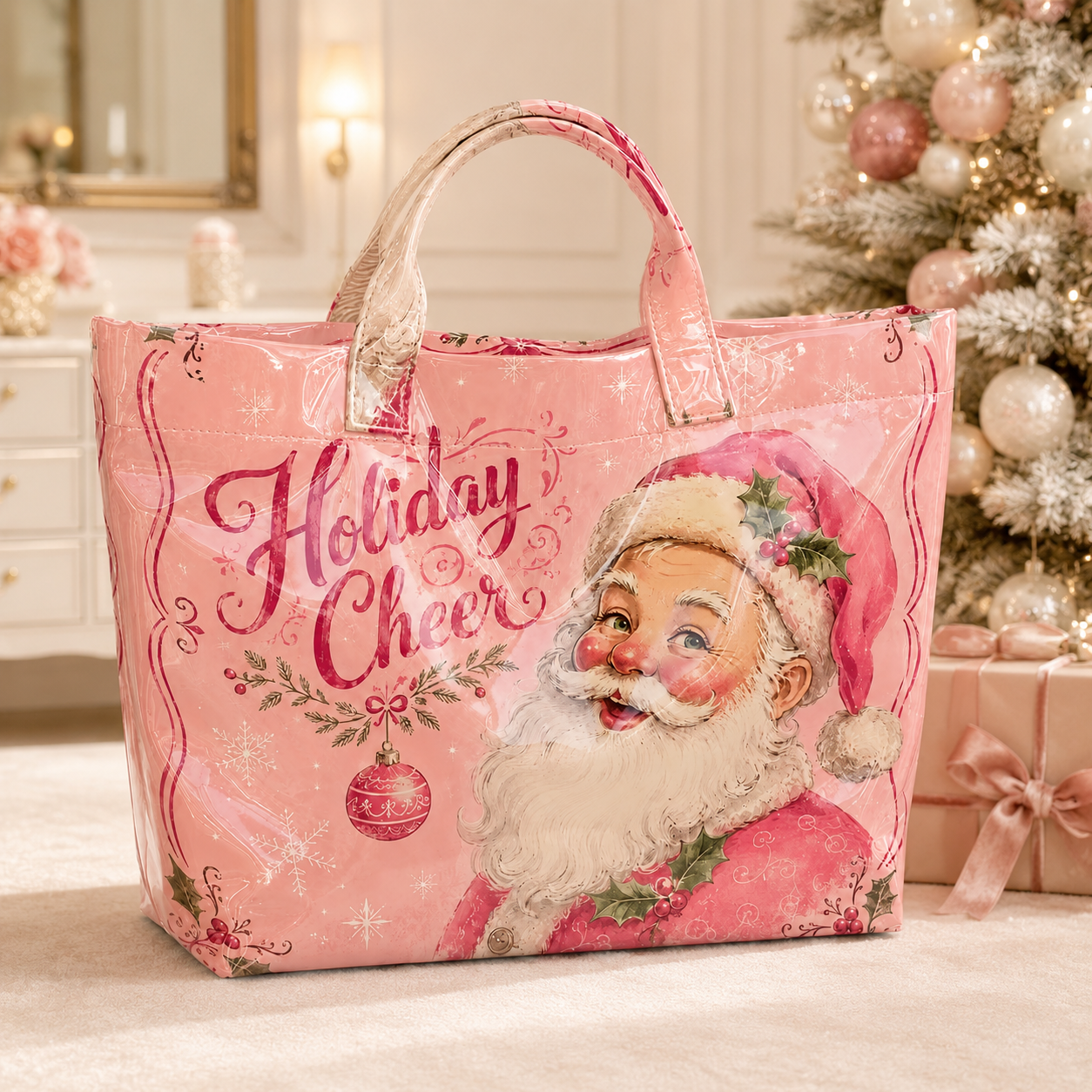 Blushing Noël Coated Canvas Vintage Santa Tote