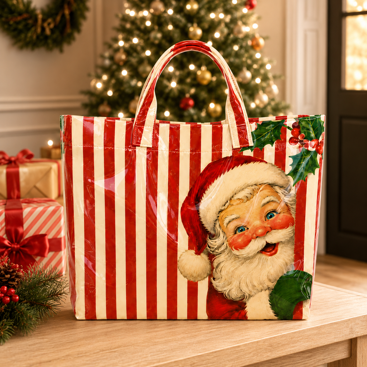 Vintage Santa Striped Holiday Tote Bag