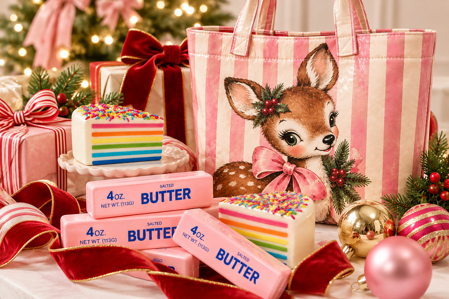 Vintage Deer Christmas Tote – Pink Stripe Holiday Coated Canvas Bag