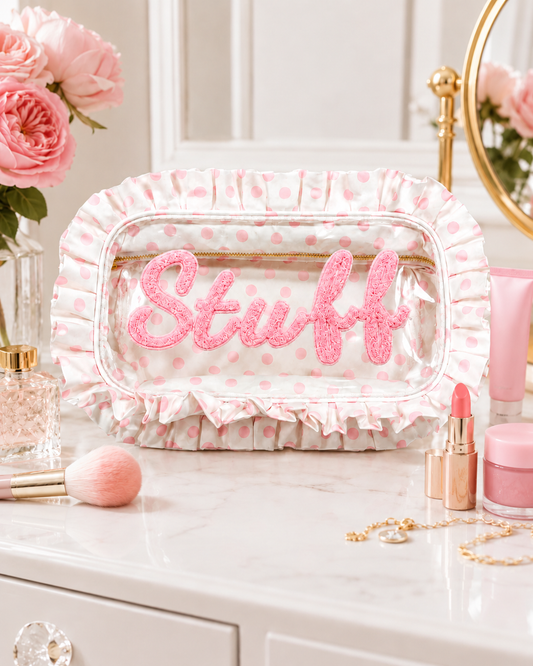 Pink Polka Dot “Stuff” Ruffle Cosmetic Bag