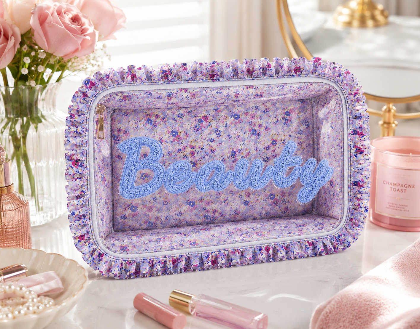 BEAUTY Floral Ruffle Cosmetic Bag
