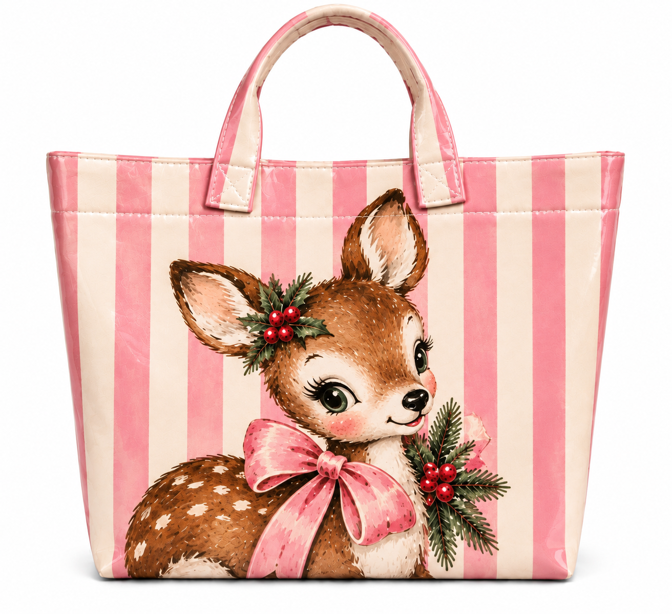 Vintage Deer Christmas Tote – Pink Stripe Holiday Coated Canvas Bag