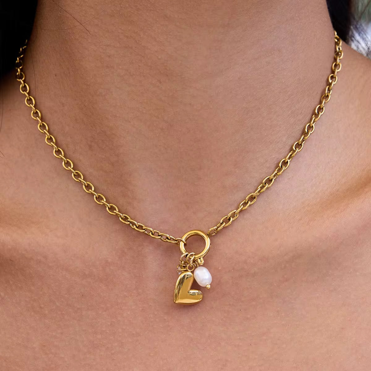 LOVE Gold Heart Pearl Charm Necklace | 18K Gold Plated Tarnish-Free Dainty Love Necklace Necklace