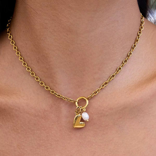 LOVE Gold Heart Pearl Charm Necklace | 18K Gold Plated Tarnish-Free Dainty Love Necklace Necklace