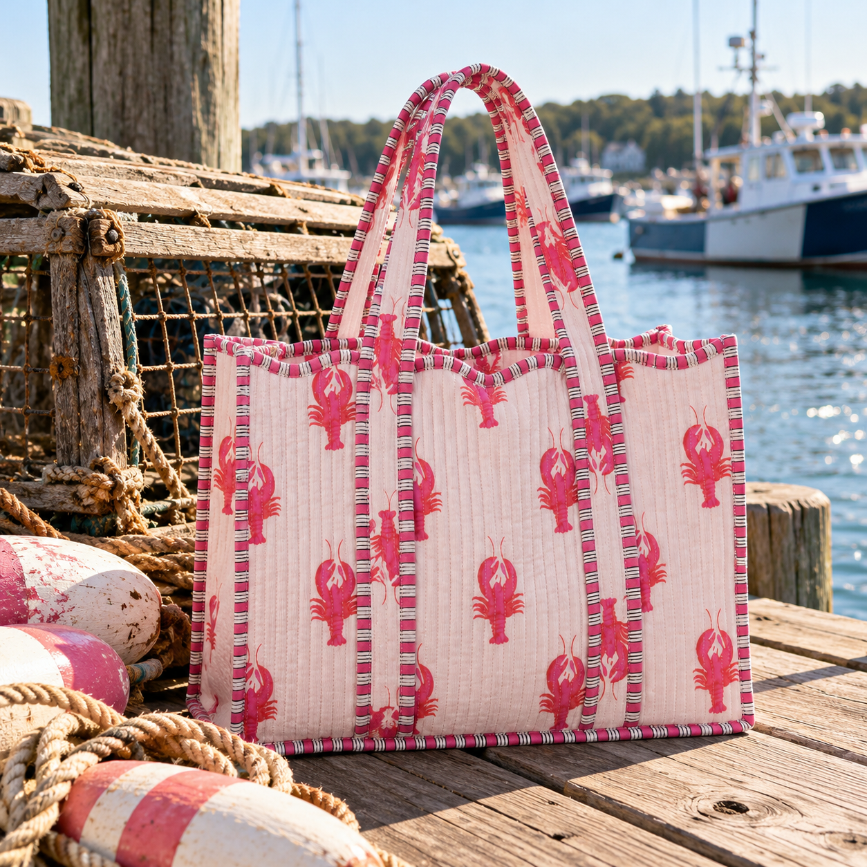 Lobster Scalloped Trim Coastal Pink Tote