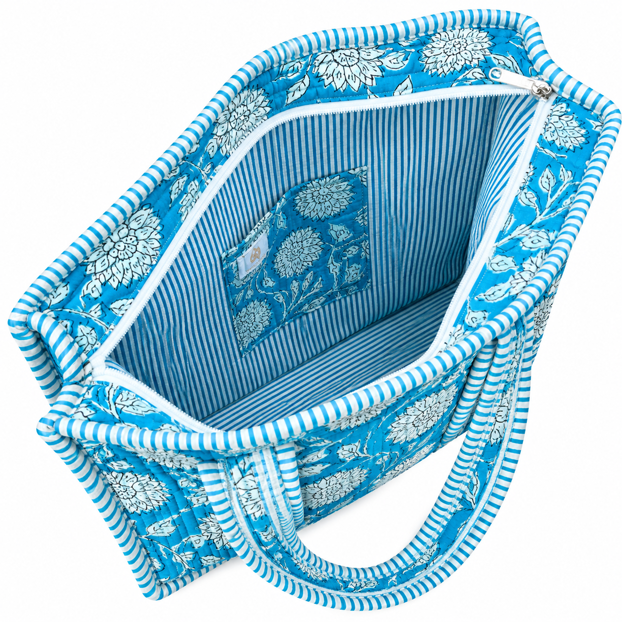 Sea Island Quilted Tote – Turquoise & White Floral Shoulder Bag