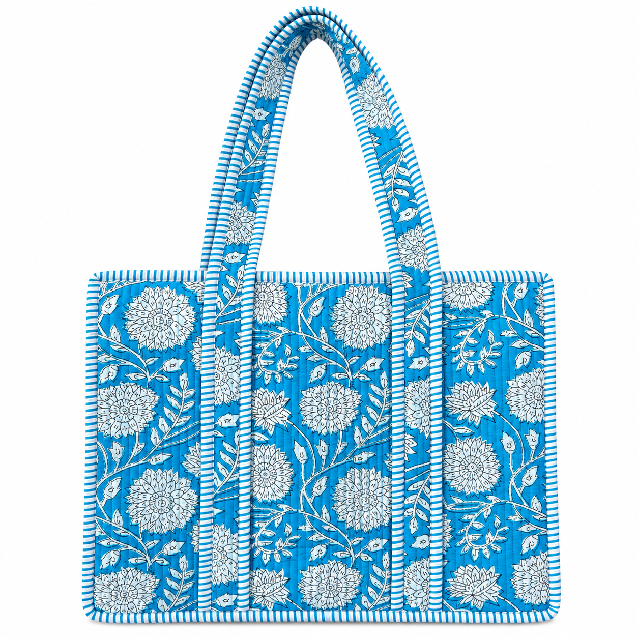 Sea Island Quilted Tote – Turquoise & White Floral Shoulder Bag