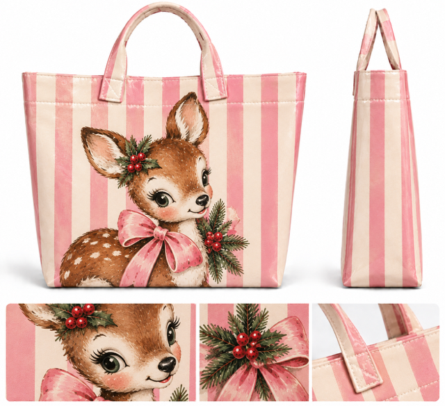 Vintage Deer Christmas Tote – Pink Stripe Holiday Coated Canvas Bag