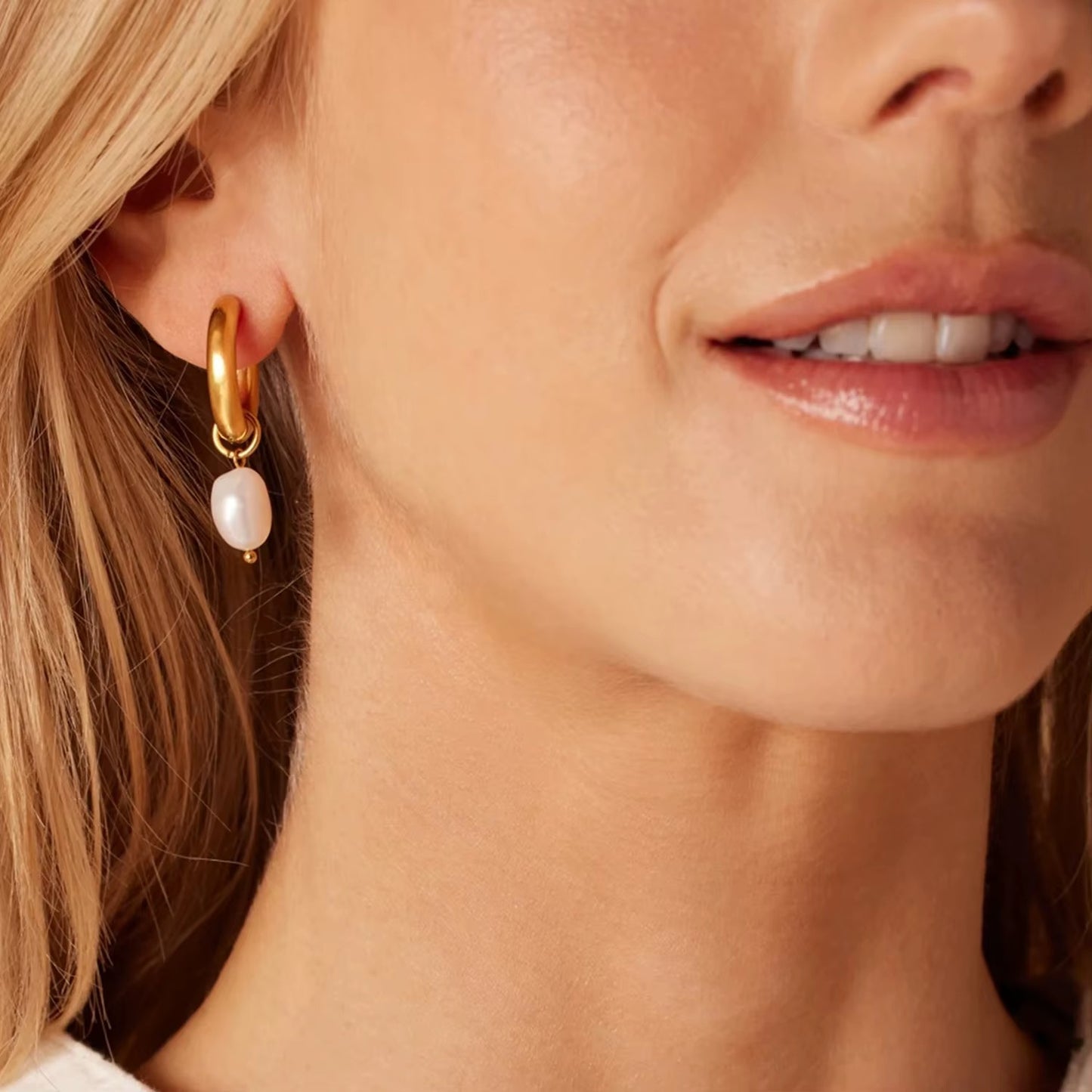 Positano Gold Pearl Drop Hoop Earrings