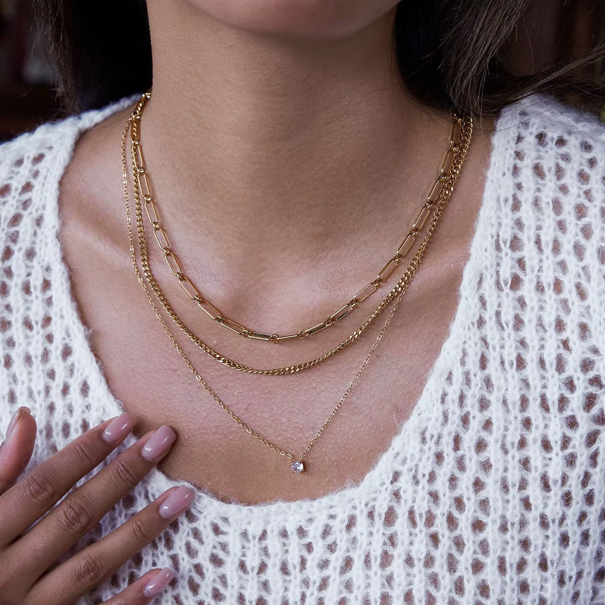 Valentina Gold Triple-Layer Solitaire Necklace